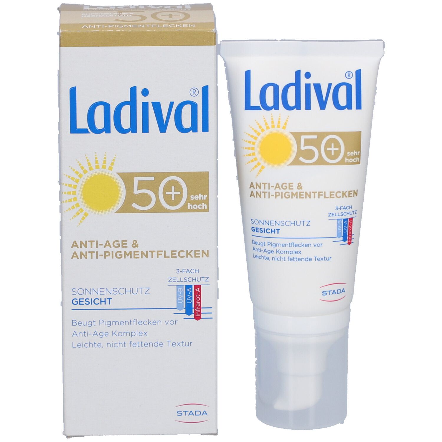 Ladival Sonnenschutz Gesicht LSF 50+ Tube und Verpackung. Weiß, blau, gelb. Produktname und Logo deutlich sichtbar.