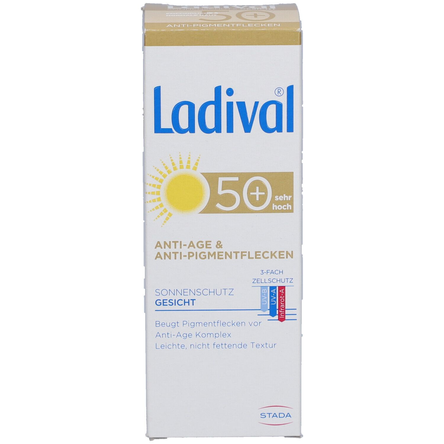 Verpackung von Ladival Sonnenschutz Gesicht LSF 50+. Weiß, blau, gelb. Produktname, Logo und wichtige Informationen.