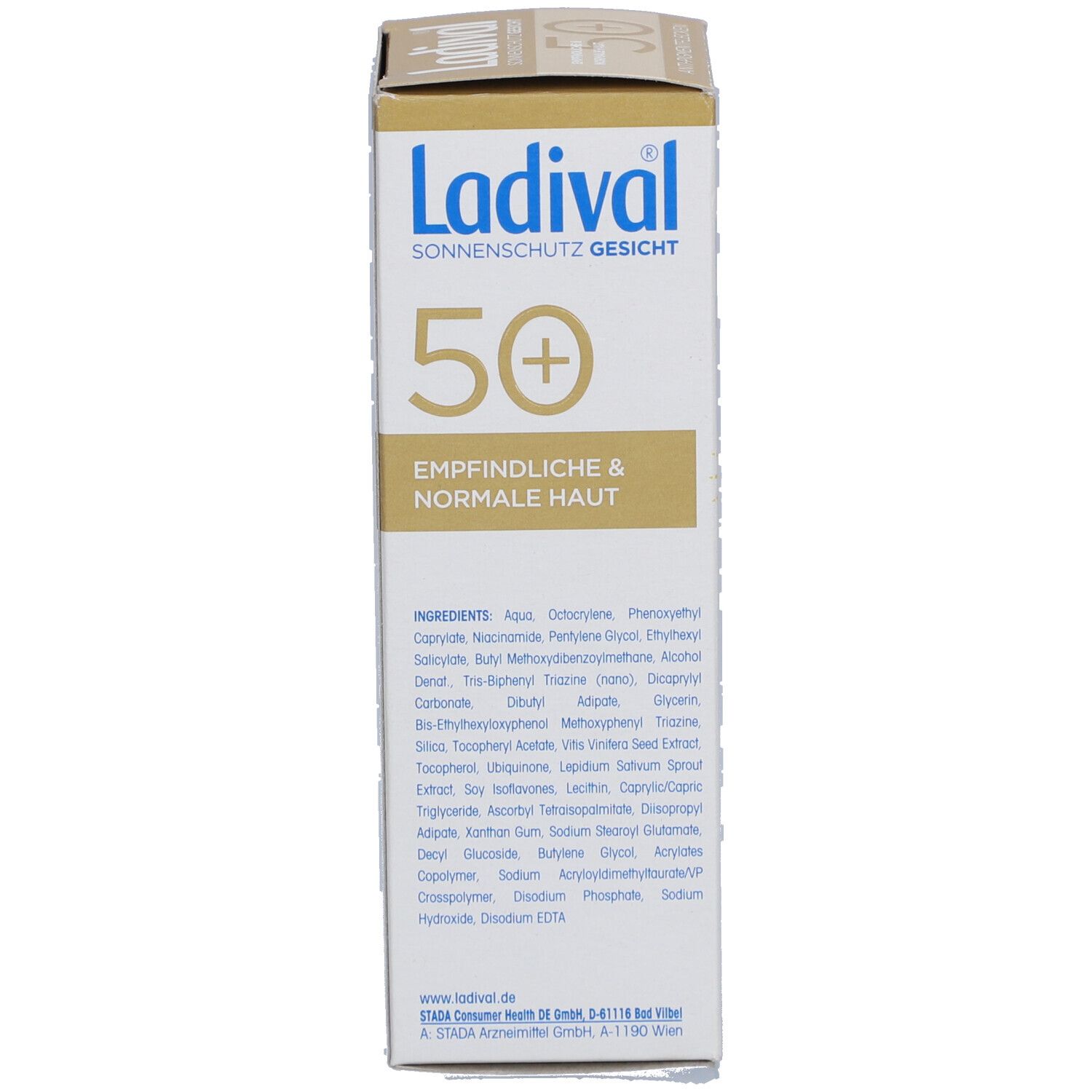 Rückseite der Verpackung von Ladival Sonnenschutz Gesicht LSF 50+. Inhaltsstoffe und Informationen für empfindliche Haut.