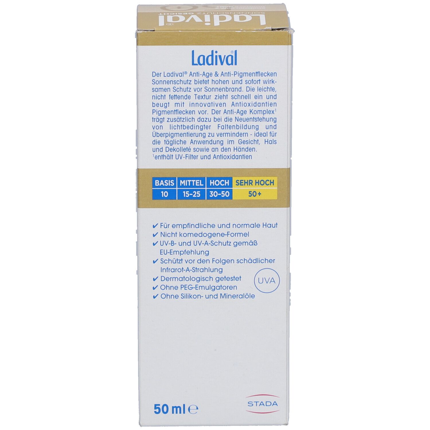 Seite der Verpackung von Ladival Sonnenschutz Gesicht LSF 50+. Produktbeschreibung, Vorteile und Anwendungshinweise.