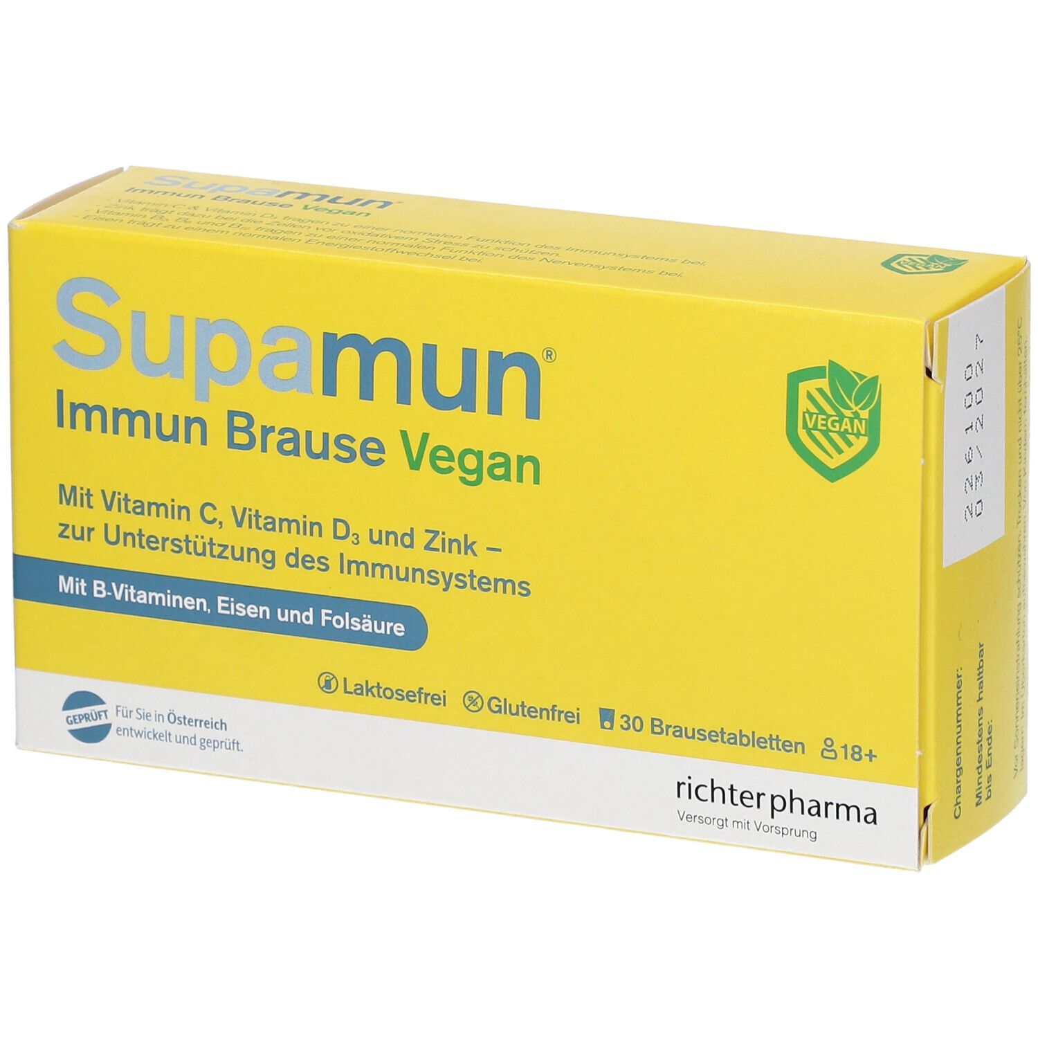 Gelbe Schachtel mit "Supamun Immun Brause Vegan". Enthält 30 Brausetabletten. Vegan-Siegel.