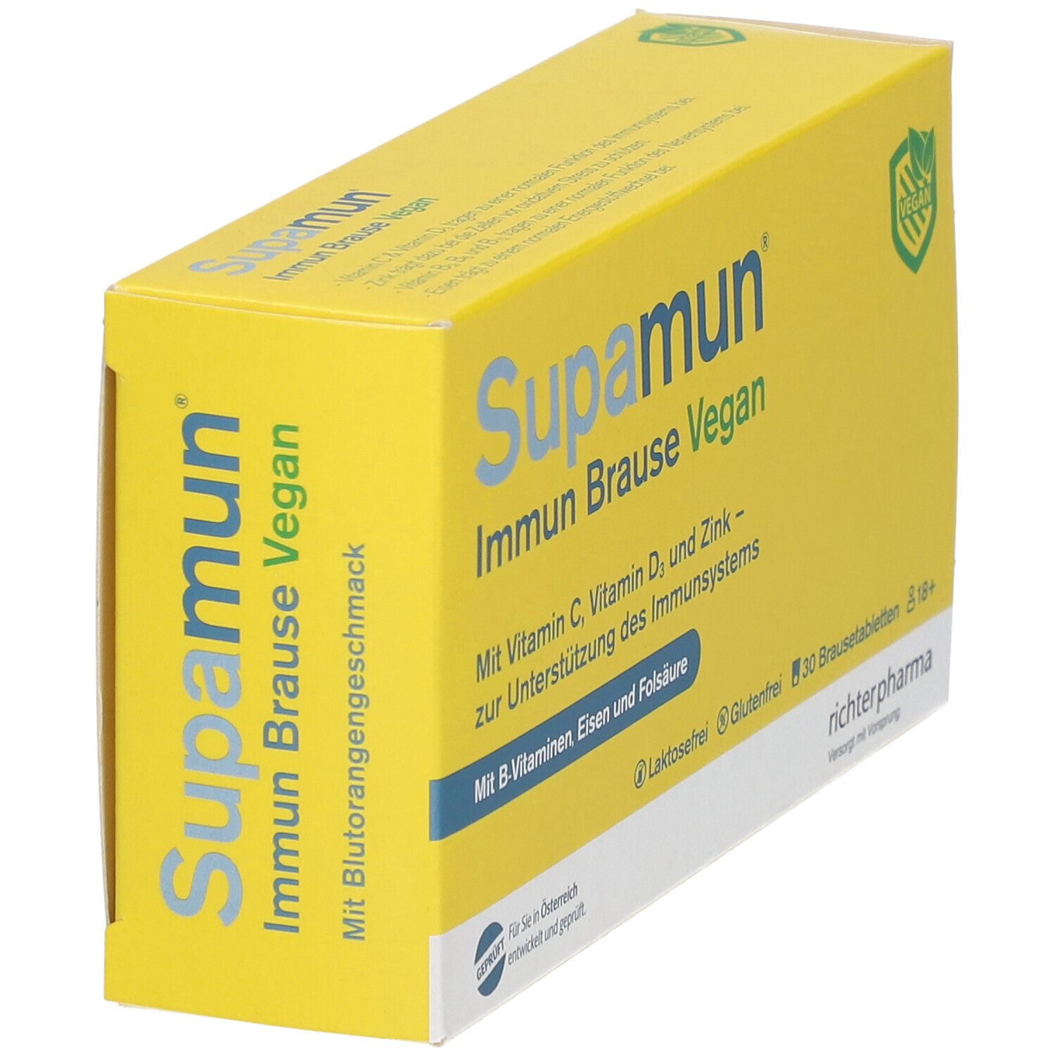 Gelbe Schachtel "Supamun Immun Brause Vegan". Enthält 30 Brausetabletten. Vegan-Siegel.