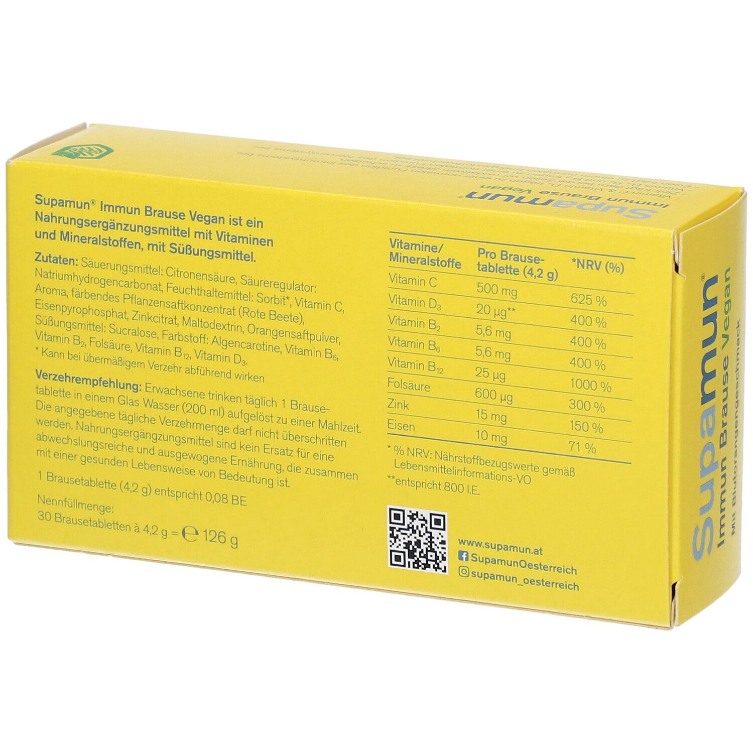 Gelbe Schachtel "Supamun Immun Brause Vegan". Rückseite mit Nährwertangaben und Inhaltsstoffen.