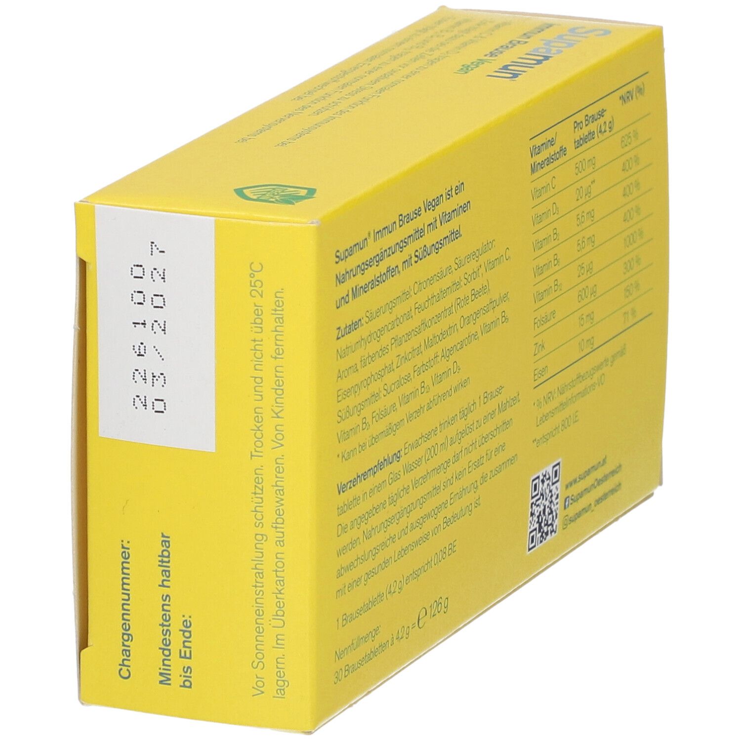 Gelbe Schachtel "Supamun Immun Brause Vegan". Rückseite mit Chargennummer und Mindesthaltbarkeitsdatum.