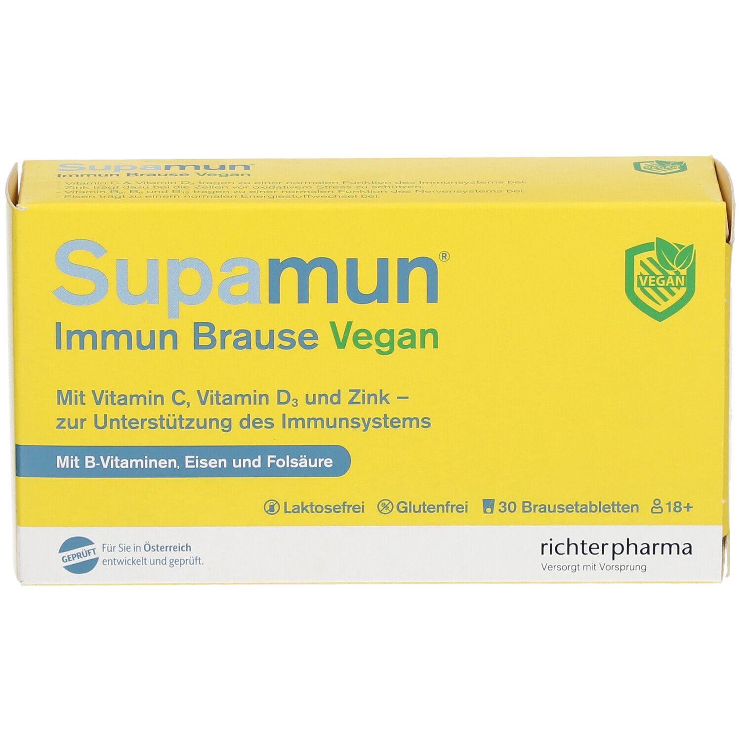 Gelbe Schachtel "Supamun Immun Brause Vegan". Enthält 30 Brausetabletten. Vegan-Siegel.
