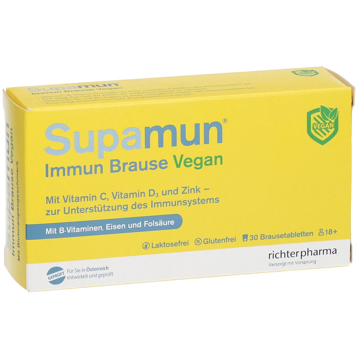 Gelbe Schachtel "Supamun Immun Brause Vegan". Enthält 30 Brausetabletten. Vegan-Siegel.