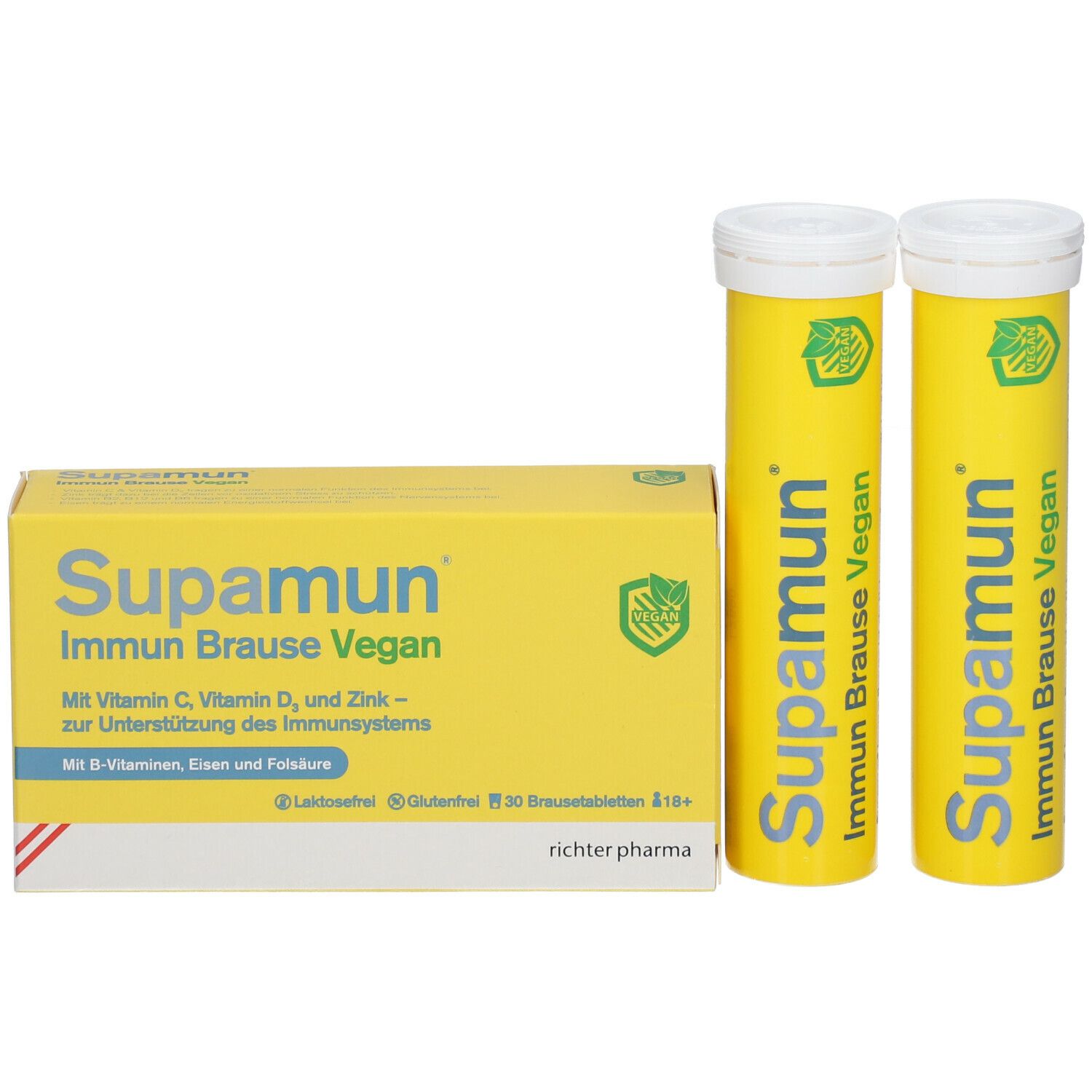 Gelbe Schachtel und zwei gelbe Röhrchen mit "Supamun Immun Brause Vegan".