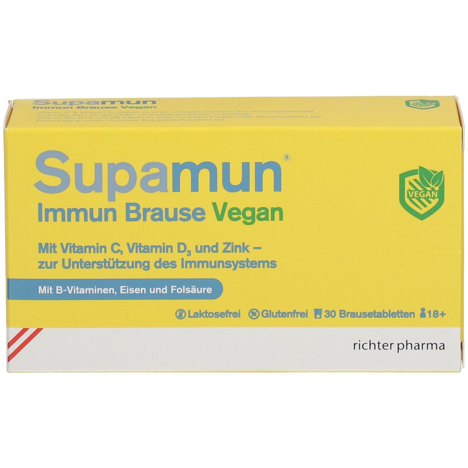 Gelbe Schachtel "Supamun Immun Brause Vegan". Enthält 30 Brausetabletten. Vegan-Siegel.