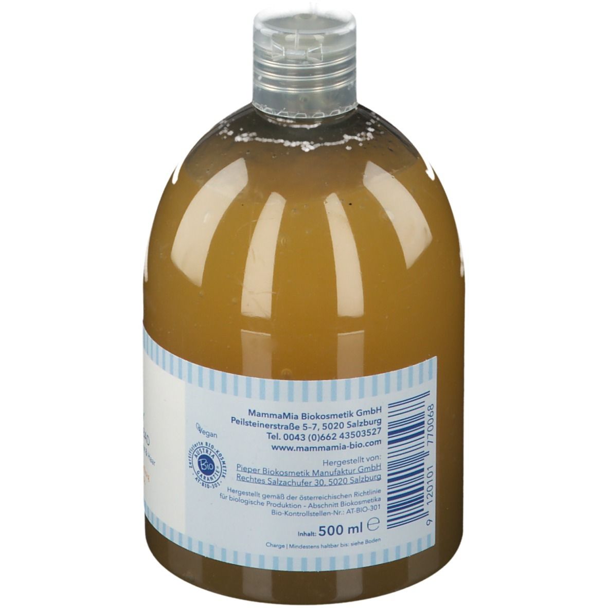 Rückseite der Flasche. Etikett mit Herstellerinformationen und Barcode. 500 ml.