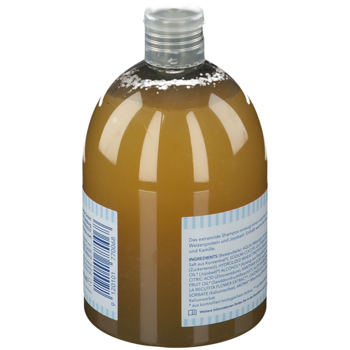 Rückseite der Flasche. Etikett mit Inhaltsstoffen. Barcode.