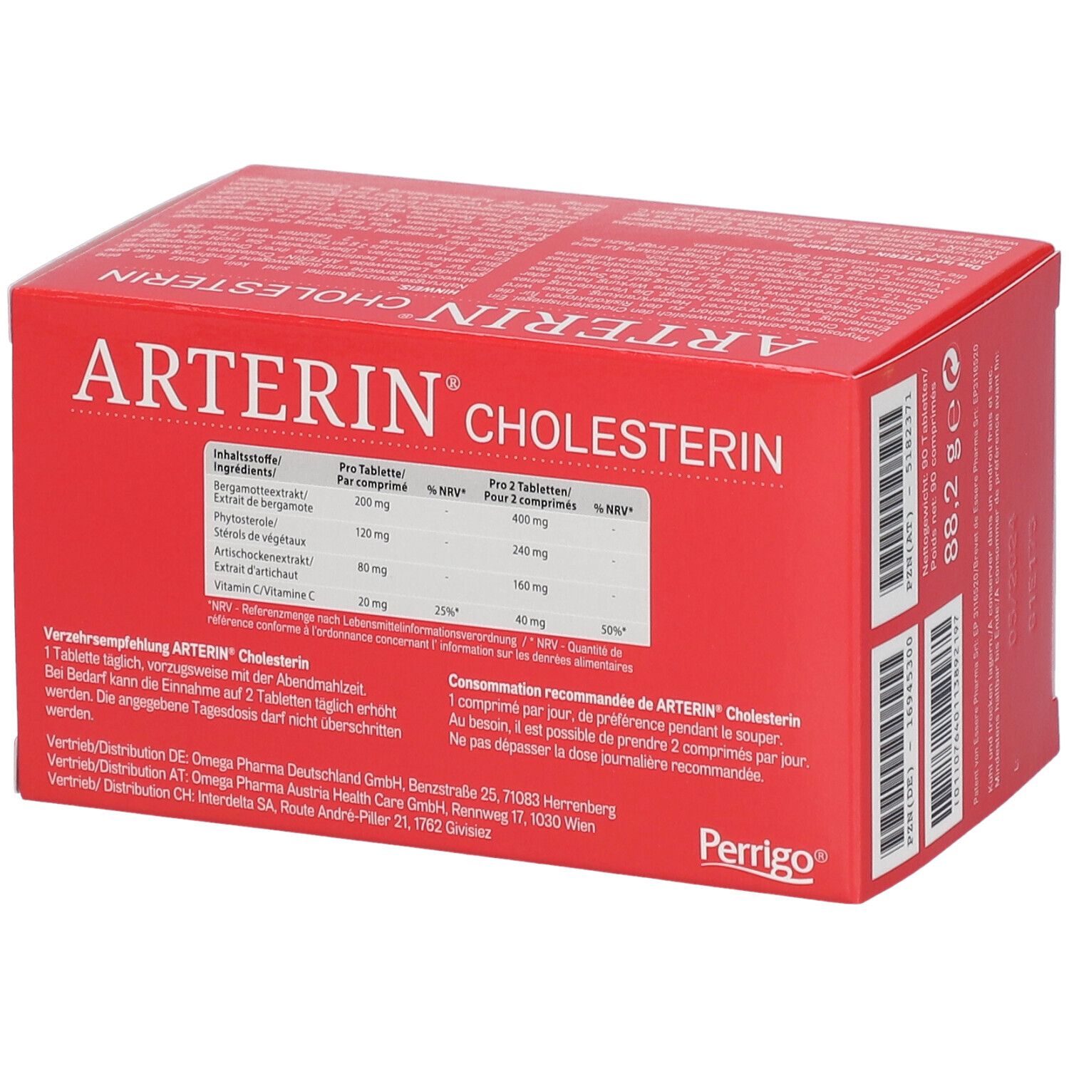 Rote ARTERIN® Cholesterin-Verpackung. Rückseite mit Nährwertangaben und Herstellerinformationen.