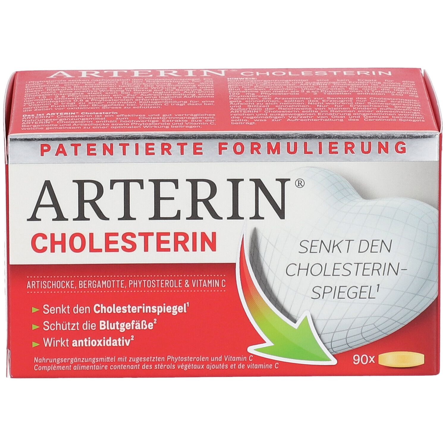 Rote ARTERIN® Cholesterin-Verpackung. Enthält 90 Tabletten. Aufschrift: Senkt den Cholesterinspiegel.