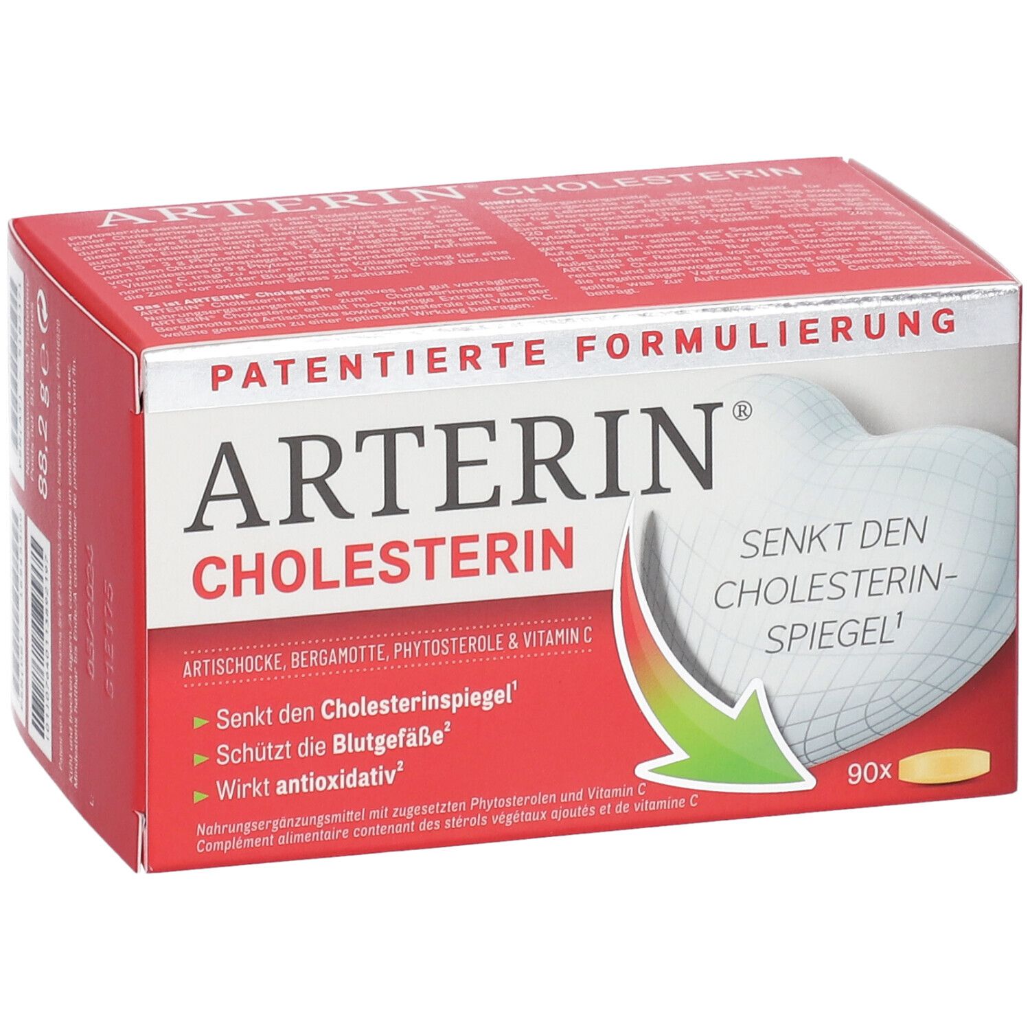 Rote ARTERIN® Cholesterin-Verpackung. Enthält 90 Tabletten. Aufschrift: Senkt den Cholesterinspiegel.