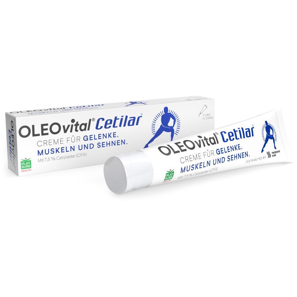 OLEOvital Cetilar Creme. Weiße Tube und Schachtel. Aufschrift: Creme für Gelenke, Muskeln und Sehnen.