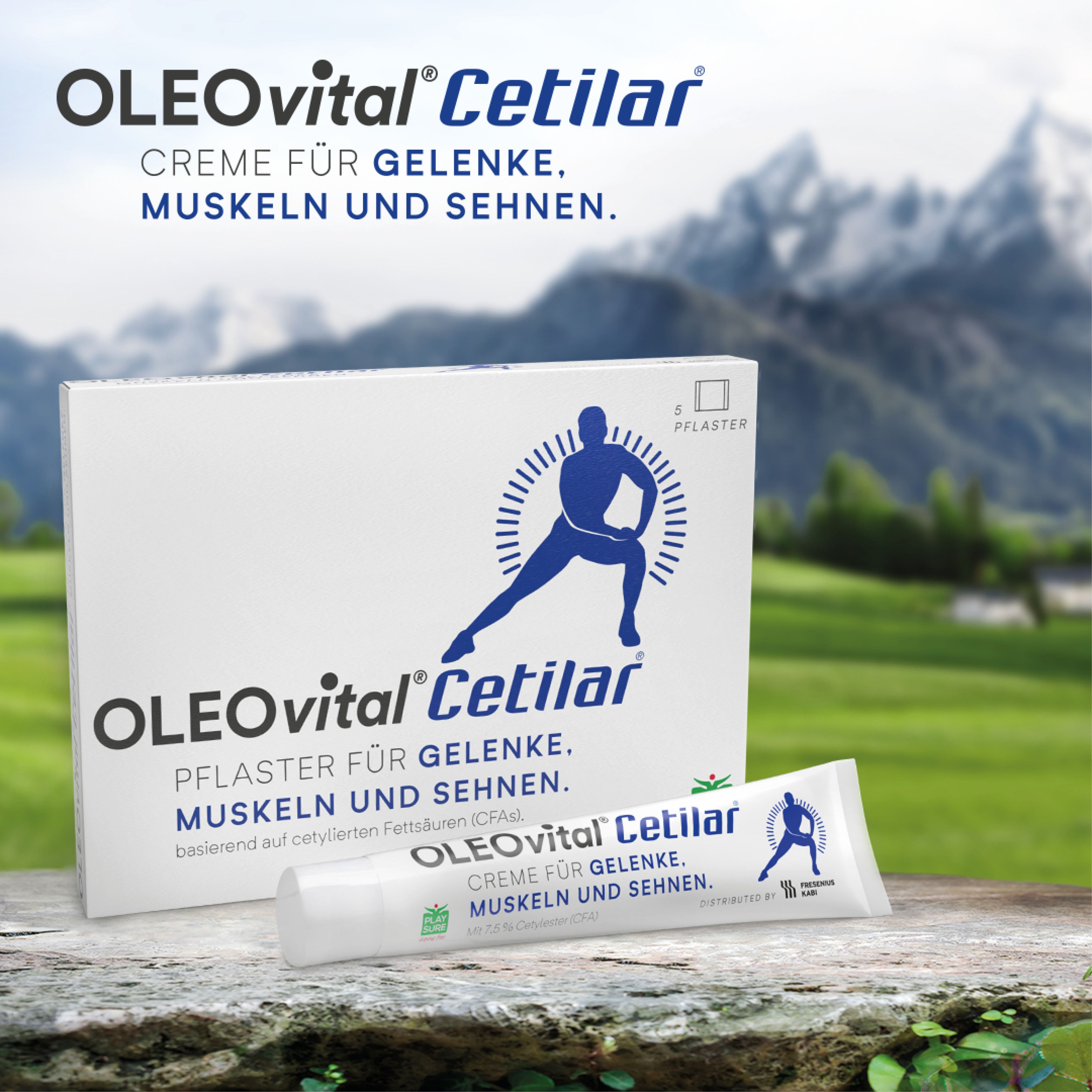OLEOvital Cetilar Pflaster und Creme. Weiße Schachtel mit Produkt. Aufschrift: Pflaster/Creme für Gelenke, Muskeln und Sehnen.
