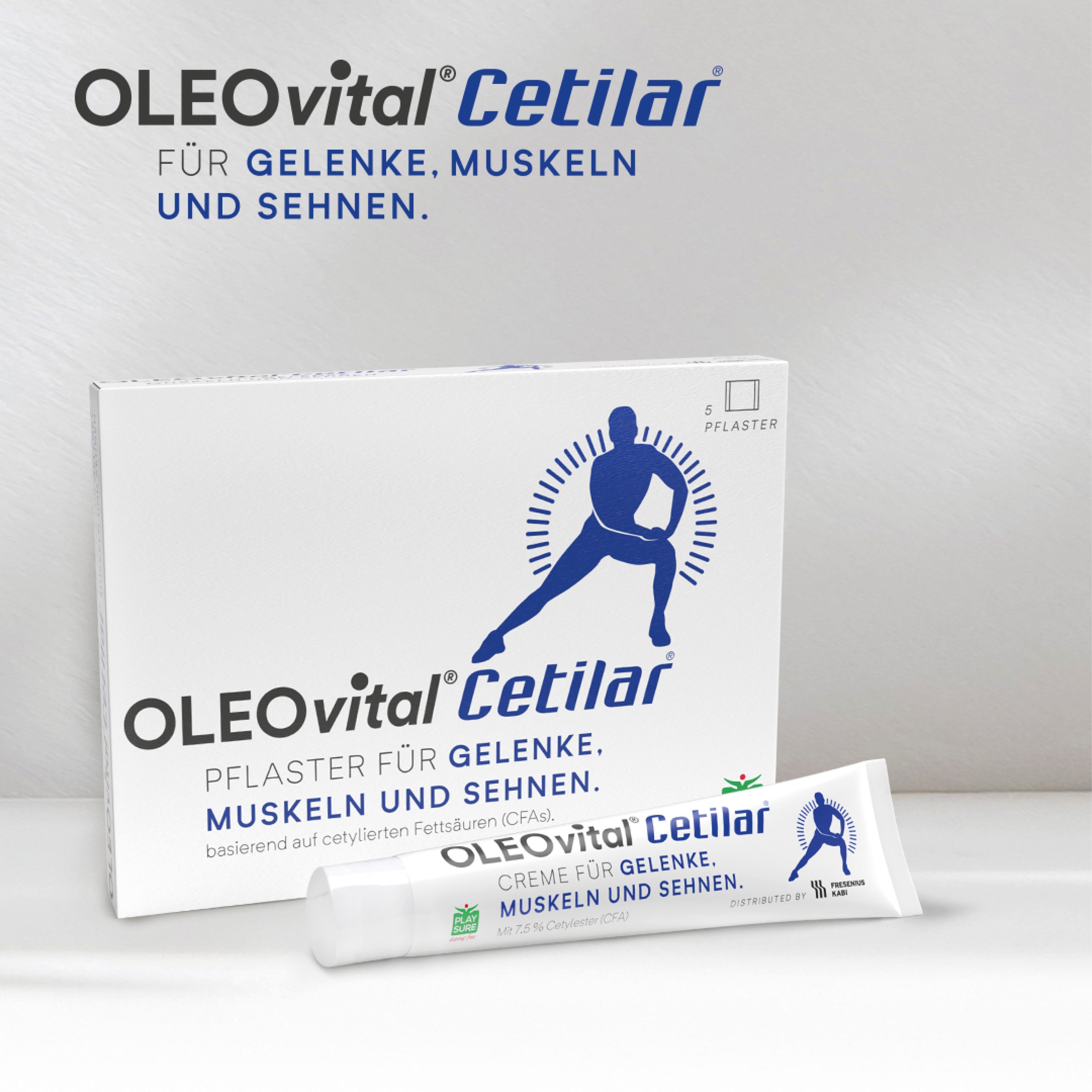 OLEOvital Cetilar Pflaster und Creme. Weiße Schachtel mit Produkt. Aufschrift: Pflaster/Creme für Gelenke, Muskeln und Sehnen.
