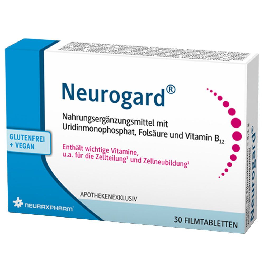 Neurogard®-Verpackung. Nahrungsergänzungsmittel mit Uridinmonophosphat, Folsäure und Vitamin B12. 30 Filmtabletten. Glutenfrei + Vegan.