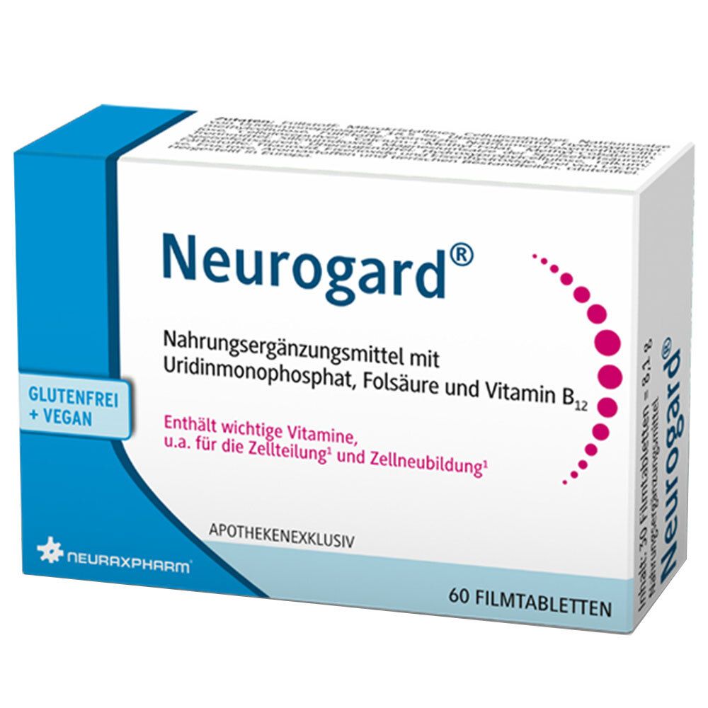 Schachtel Neurogard®. Nahrungsergänzungsmittel mit Uridinmonophosphat, Folsäure und Vitamin B12. 60 Filmtabletten. Glutenfrei + Vegan.