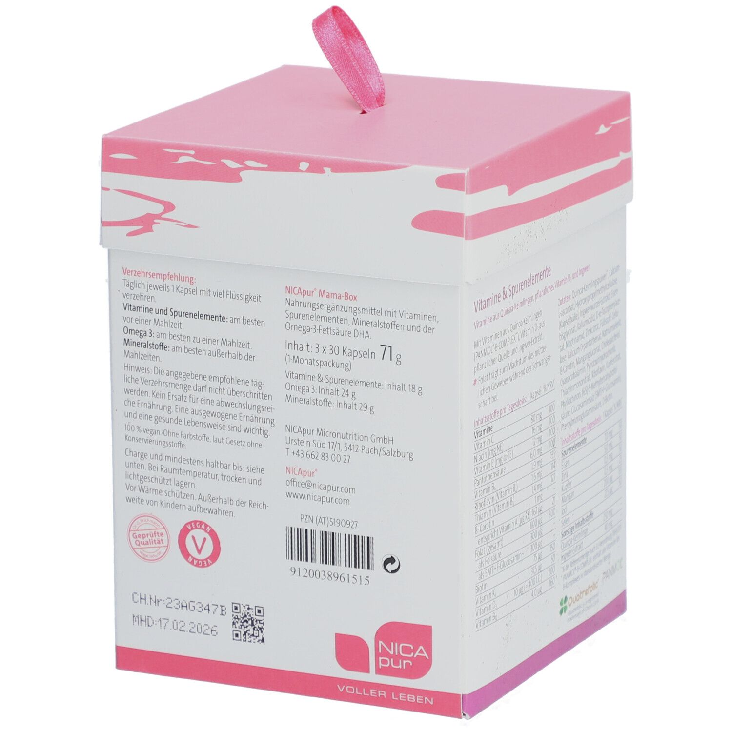 Box mit rosa Deckel. Aufschrift "MAMA-BOX". Detailansicht der Inhaltsstoffe und Nährwertangaben.
