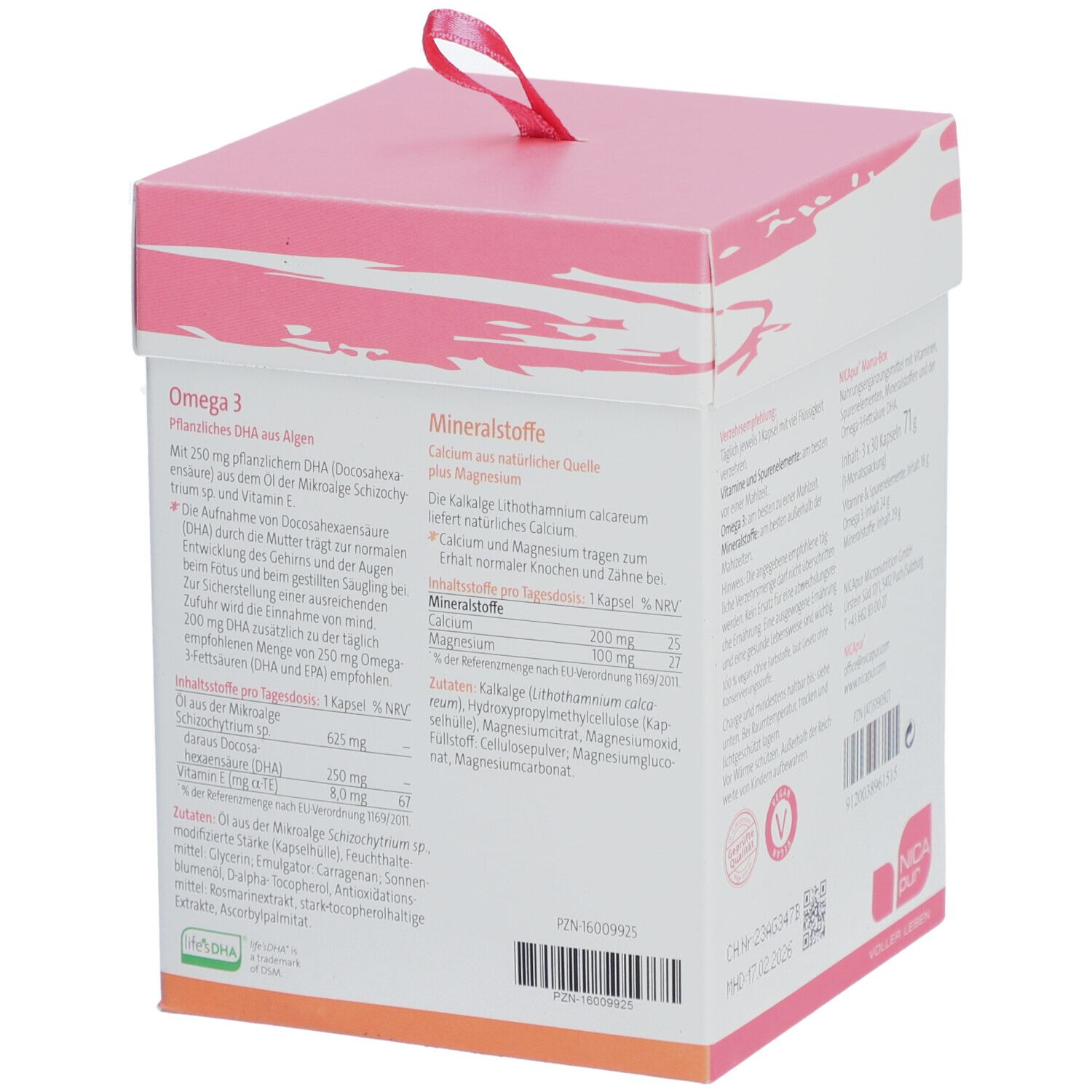 Box mit rosa Deckel. Aufschrift "MAMA-BOX". Detailansicht der Inhaltsstoffe und Nährwertangaben.
