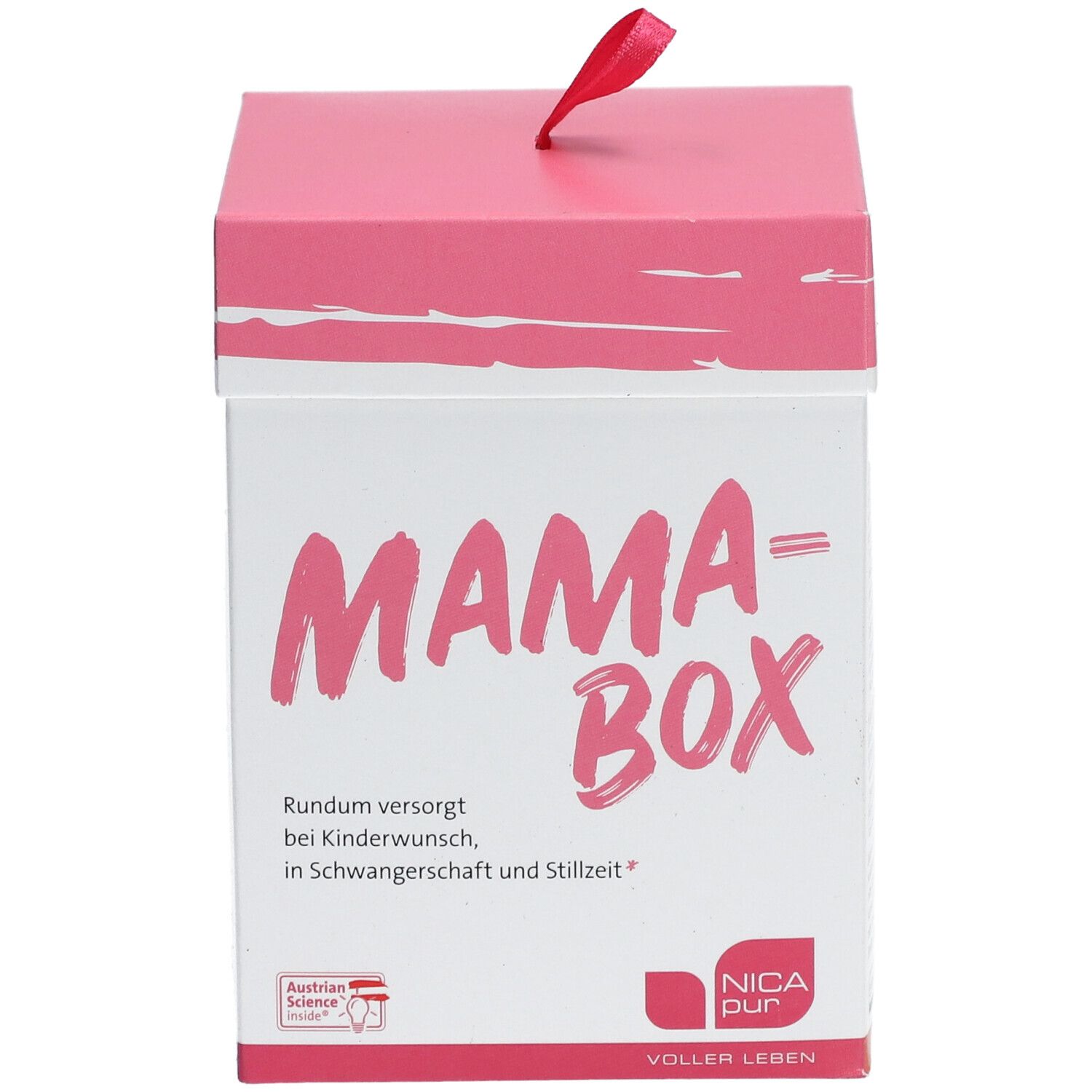 Quadratische Box mit rosa Deckel und roter Schlaufe. Aufschrift "MAMA-BOX" und "NICA pur".