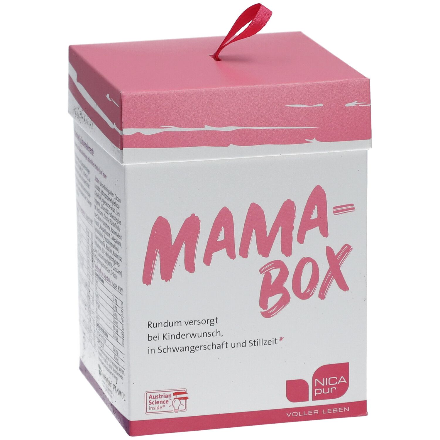 Box mit rosa Deckel. Aufschrift "MAMA-BOX". Detailansicht der Inhaltsstoffe und Nährwertangaben.