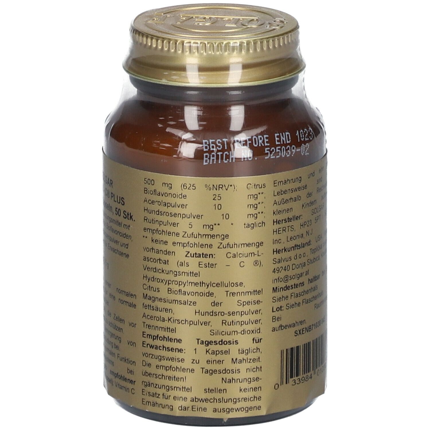 Rückseite einer braunen Glasflasche mit goldfarbenem Deckel. Etikett mit Nährwertangaben und Inhaltsstoffen.