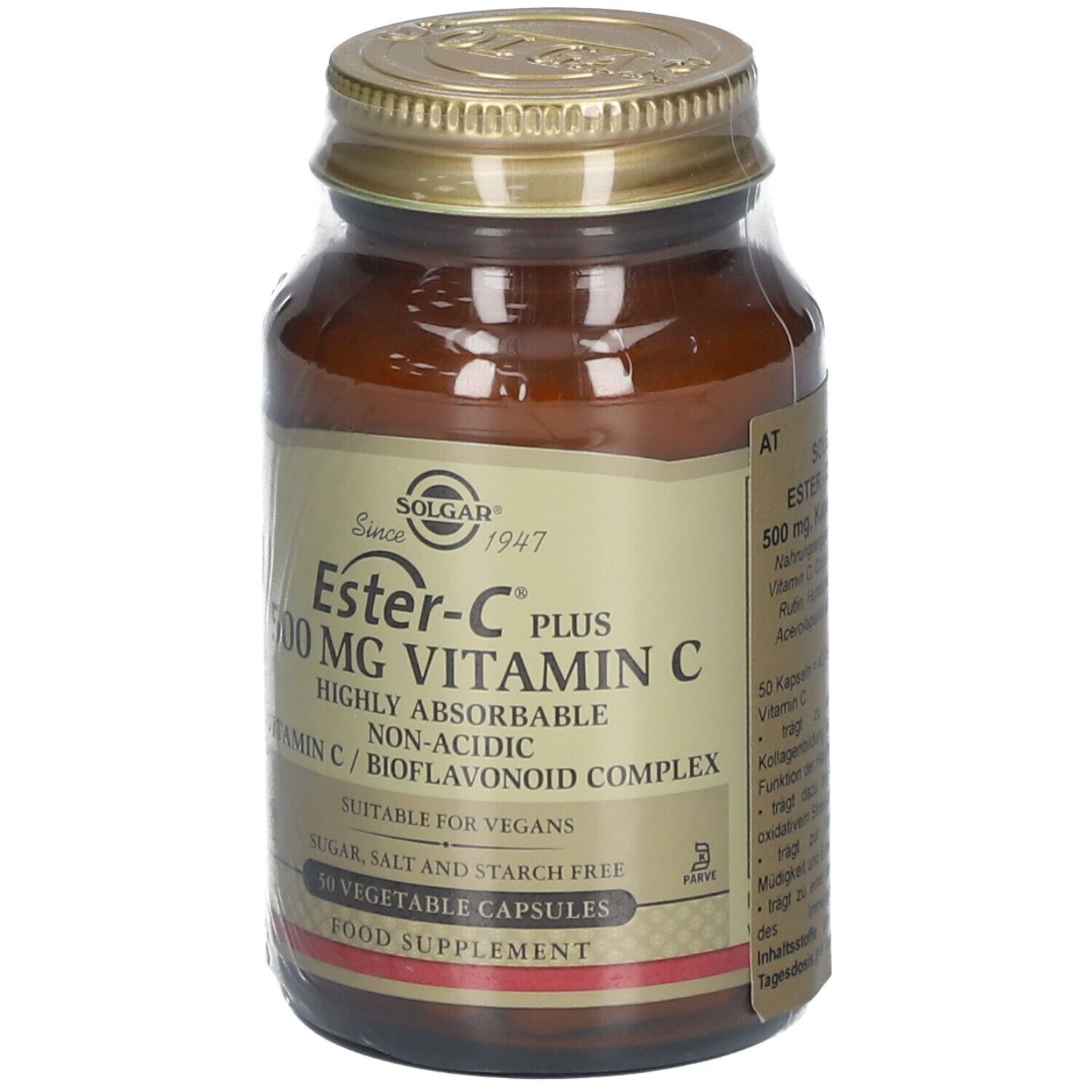 Braune Glasflasche mit goldfarbenem Deckel. Etikett mit Produktnamen und Inhaltsangaben: Ester-C Plus 500 mg Vitamin C.