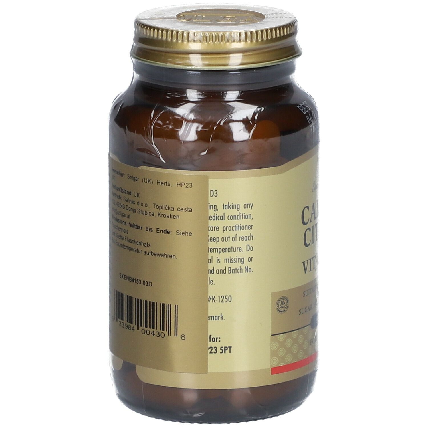 Rückansicht der braunen Glasflasche mit goldfarbenem Deckel. Etikett mit Produktinformationen und Barcode.