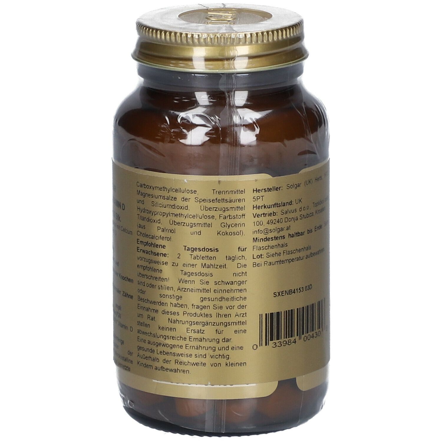 Rückansicht der braunen Glasflasche mit goldfarbenem Deckel. Etikett mit Produktinformationen und Barcode.