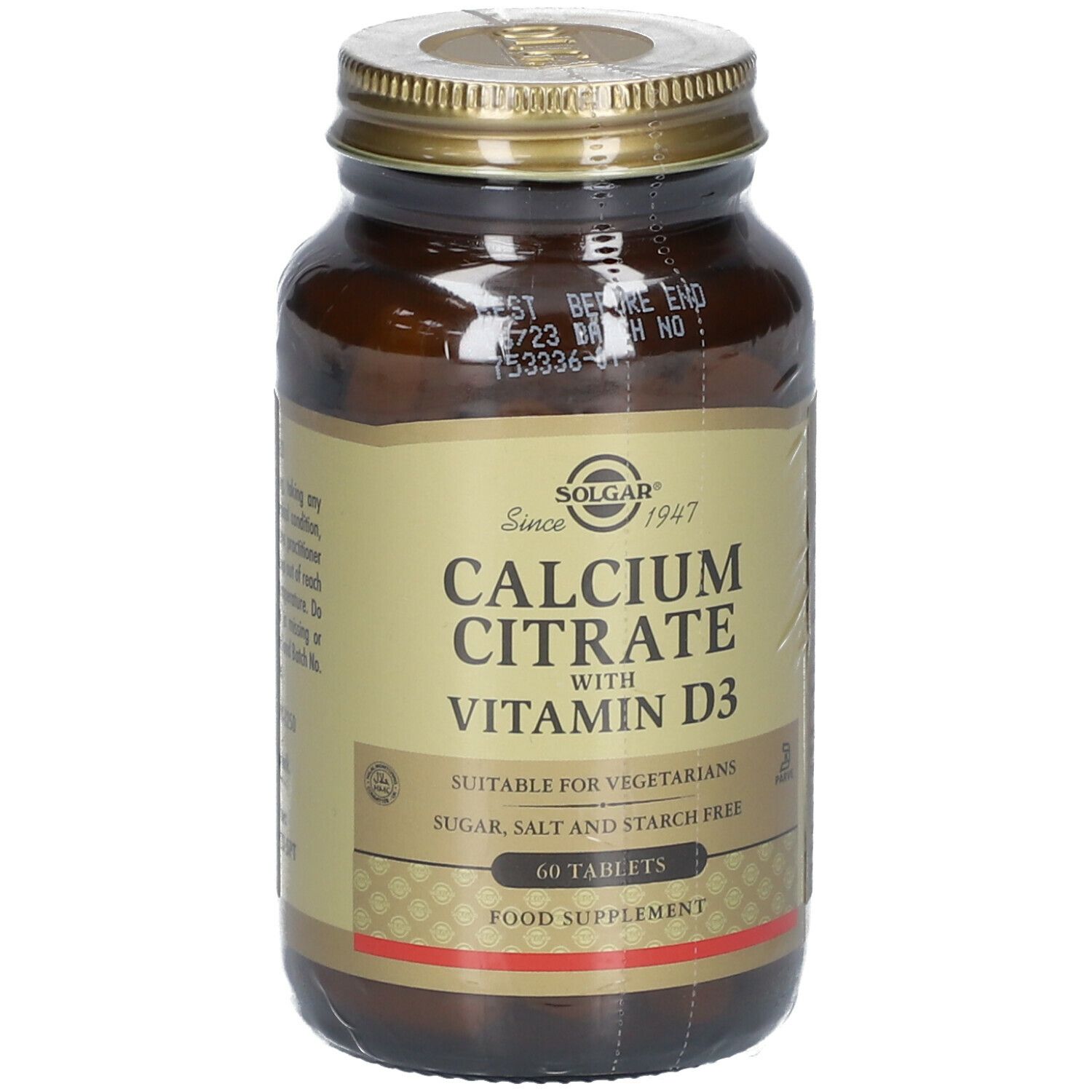 Braune Glasflasche mit goldfarbenem Deckel. Etikett mit Produktnamen und Inhaltsstoffen. 60 Tabletten.