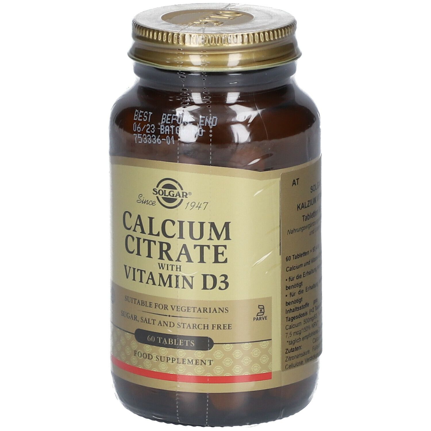Braune Glasflasche mit goldfarbenem Deckel. Etikett mit Produktnamen und Inhaltsstoffen. 60 Tabletten.