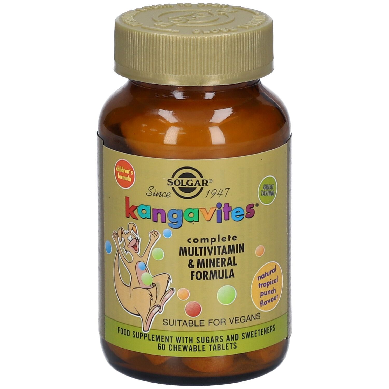 Braune Glasflasche mit Schraubverschluss. Etikett mit Produktnamen, Logo und Illustration eines Kängurus. 60 Tabletten.