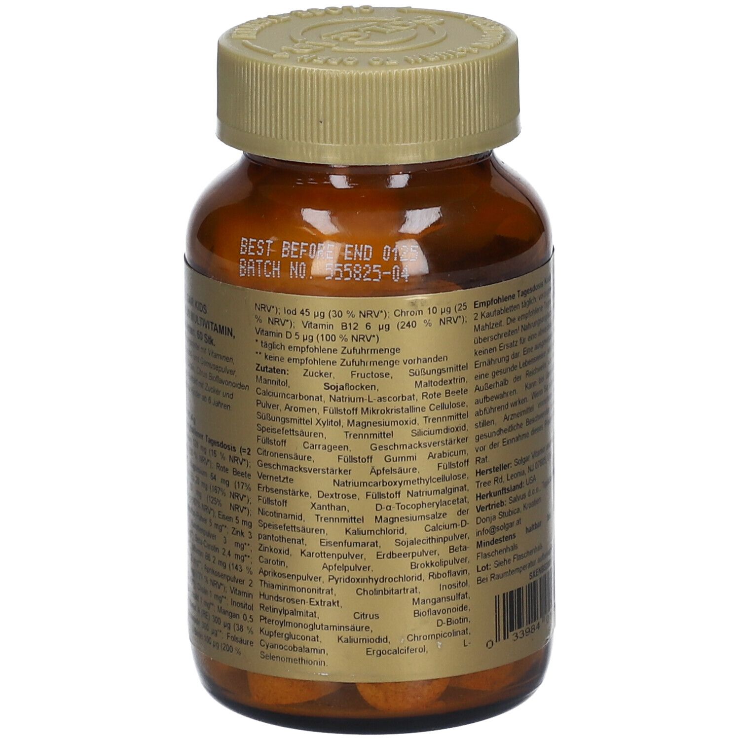Rückseite einer braunen Glasflasche mit Schraubverschluss. Etikett mit Inhaltsstoffangaben und Nährwertinformationen. Text in mehreren Sprachen.