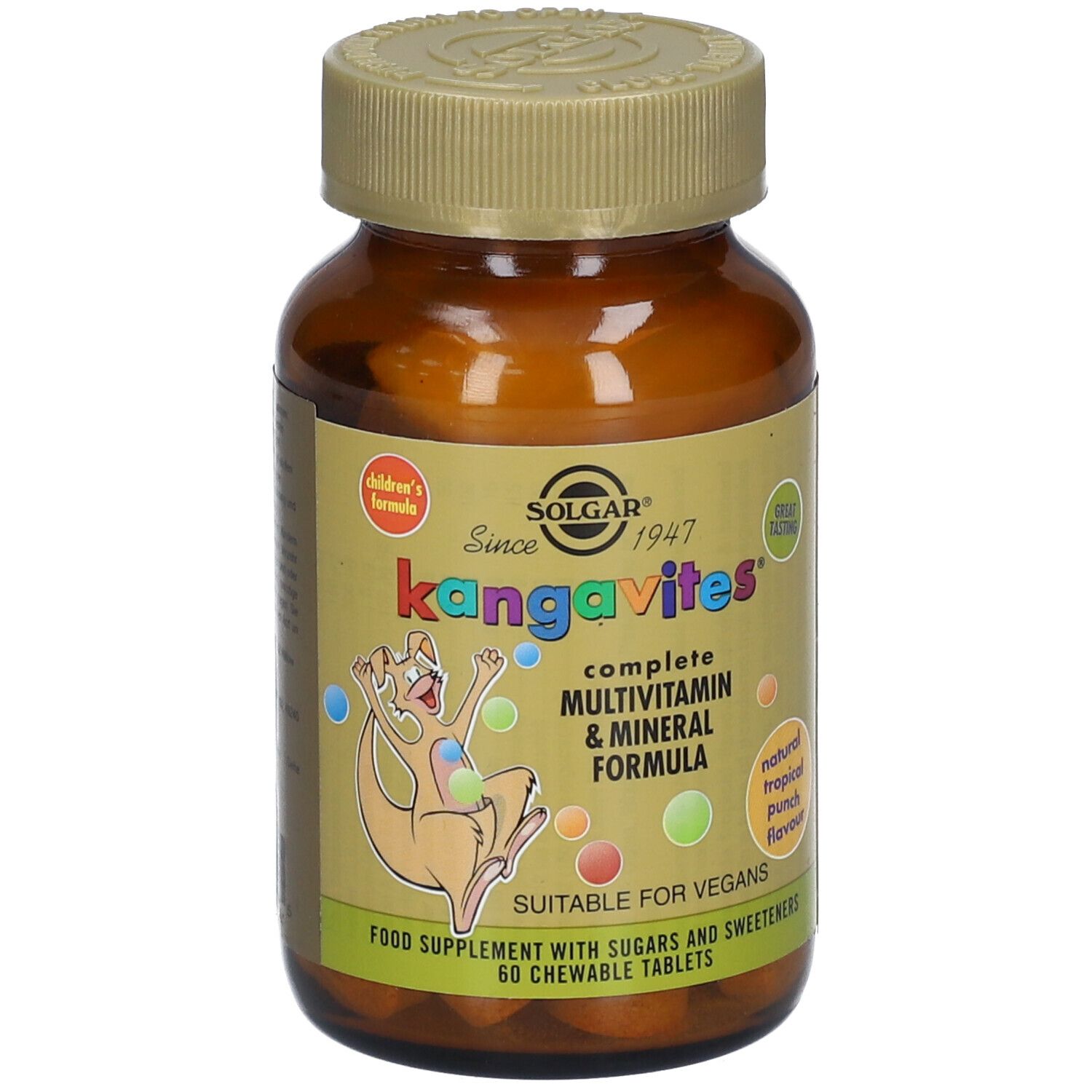 Braune Glasflasche mit Schraubverschluss. Etikett mit Produktnamen, Logo und Känguru-Illustration. 60 Tabletten, für Veganer geeignet.