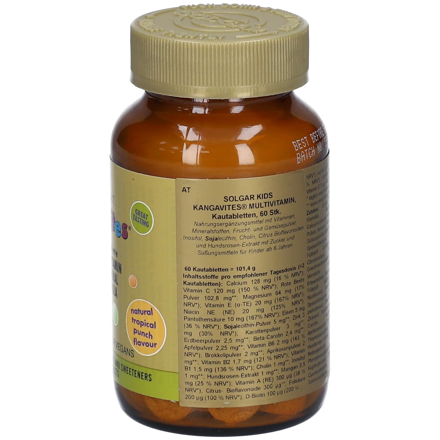 Rückseite einer braunen Glasflasche mit Schraubverschluss. Etikett mit Produktinformationen, Inhaltsstoffen und Nährwertangaben. 60 Tabletten.