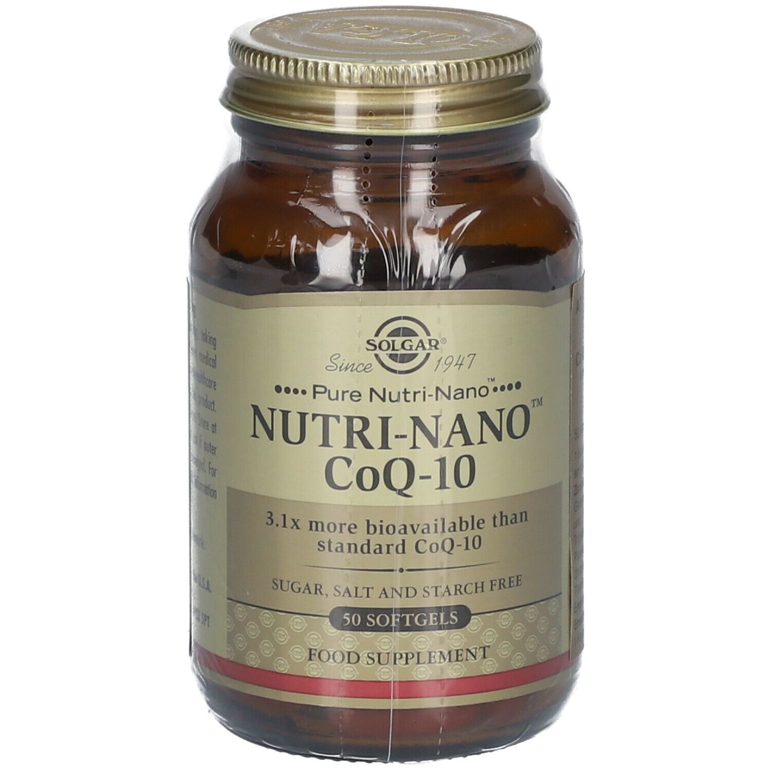 Braune Glasflasche mit goldfarbenem Deckel. Etikett mit Produktnamen: Nutri-Nano CoQ-10. 50 Softgels. Marke: Solgar.