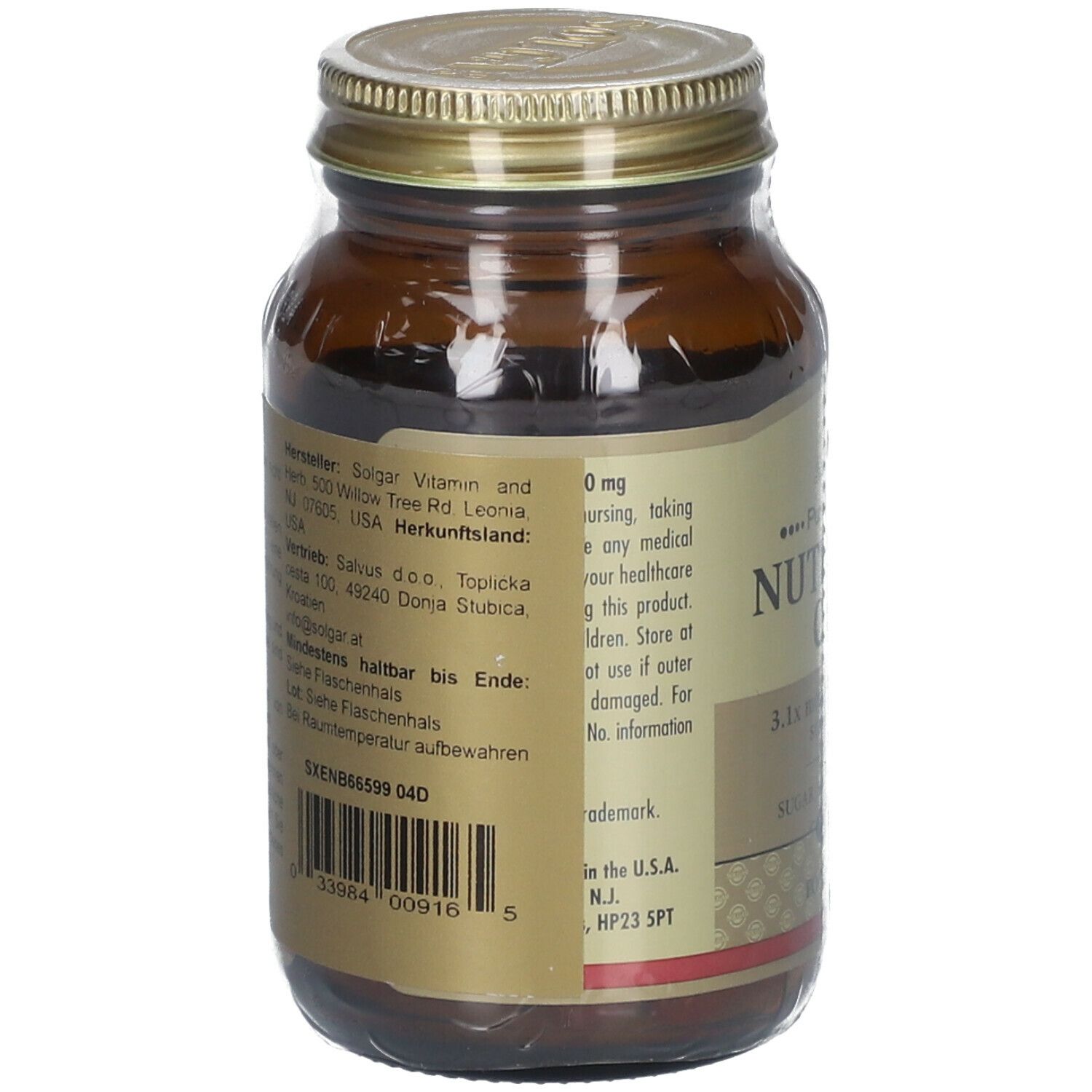 Rückseite einer braunen Glasflasche. Etikett mit Produktinformationen und Herstelleradresse. Goldfarbener Deckel.