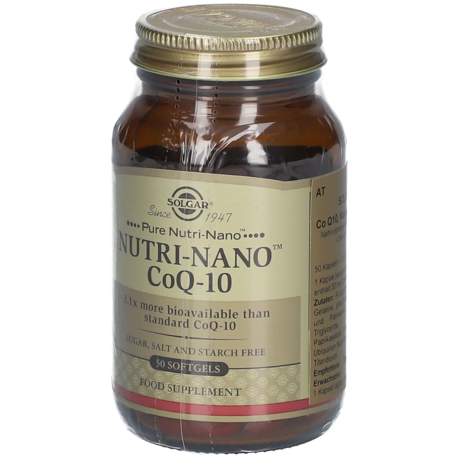 Braune Glasflasche mit goldfarbenem Deckel. Etikett mit Produktnamen: Nutri-Nano CoQ-10. 50 Softgels. Marke: Solgar.