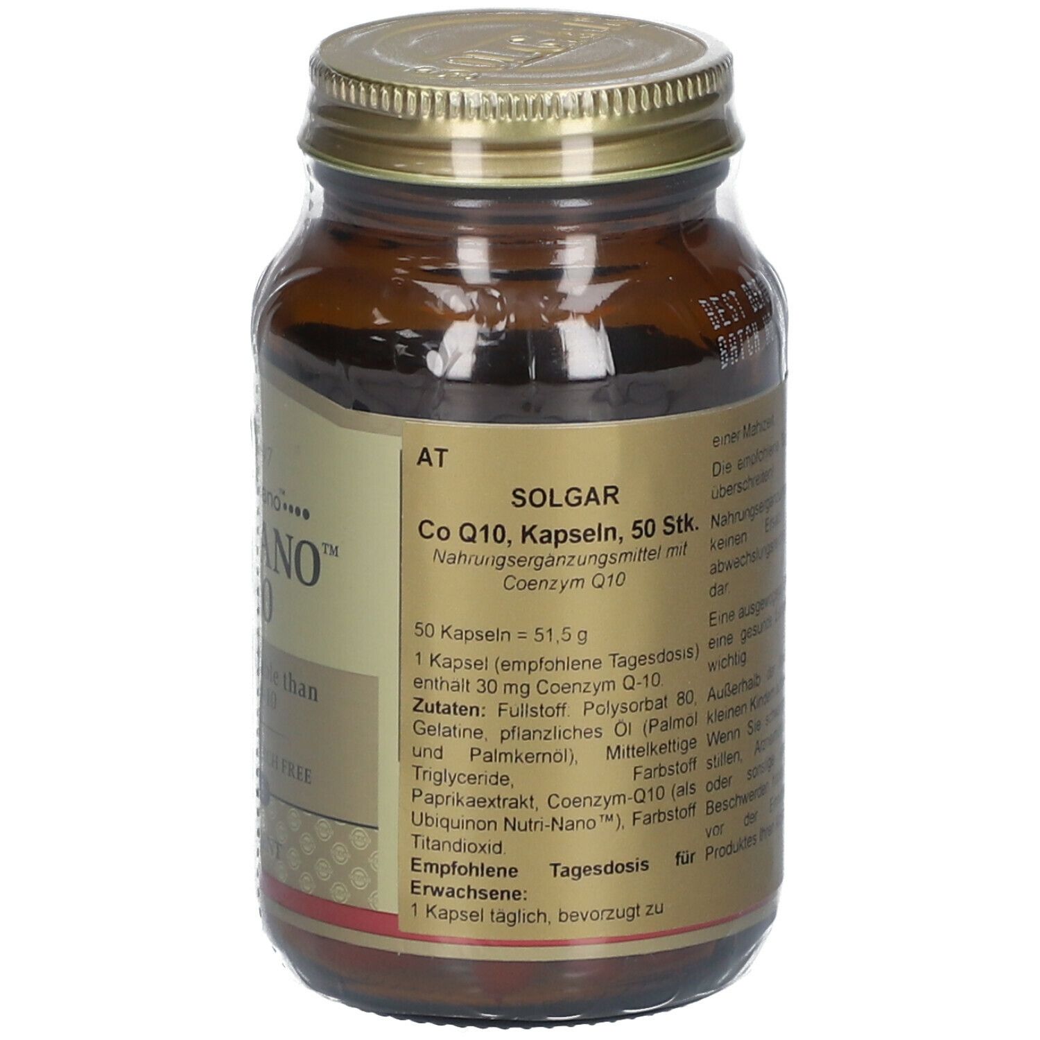 Rückseite einer braunen Glasflasche. Etikett mit Produktinformationen, Inhaltsstoffen und Dosierung. Goldfarbener Deckel.