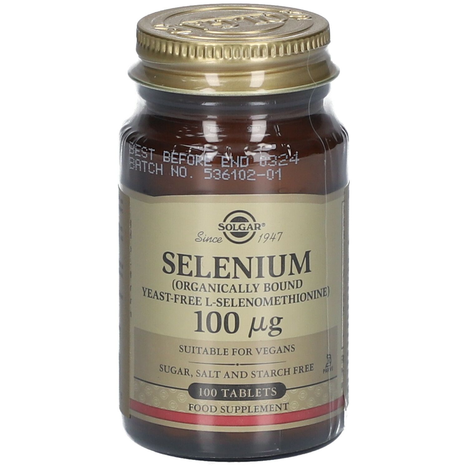 Braune Glasflasche mit goldfarbenem Deckel. Etikett mit "Solgar" und "Selenium 100 mcg". 100 Tabletten. Geeignet für Veganer.