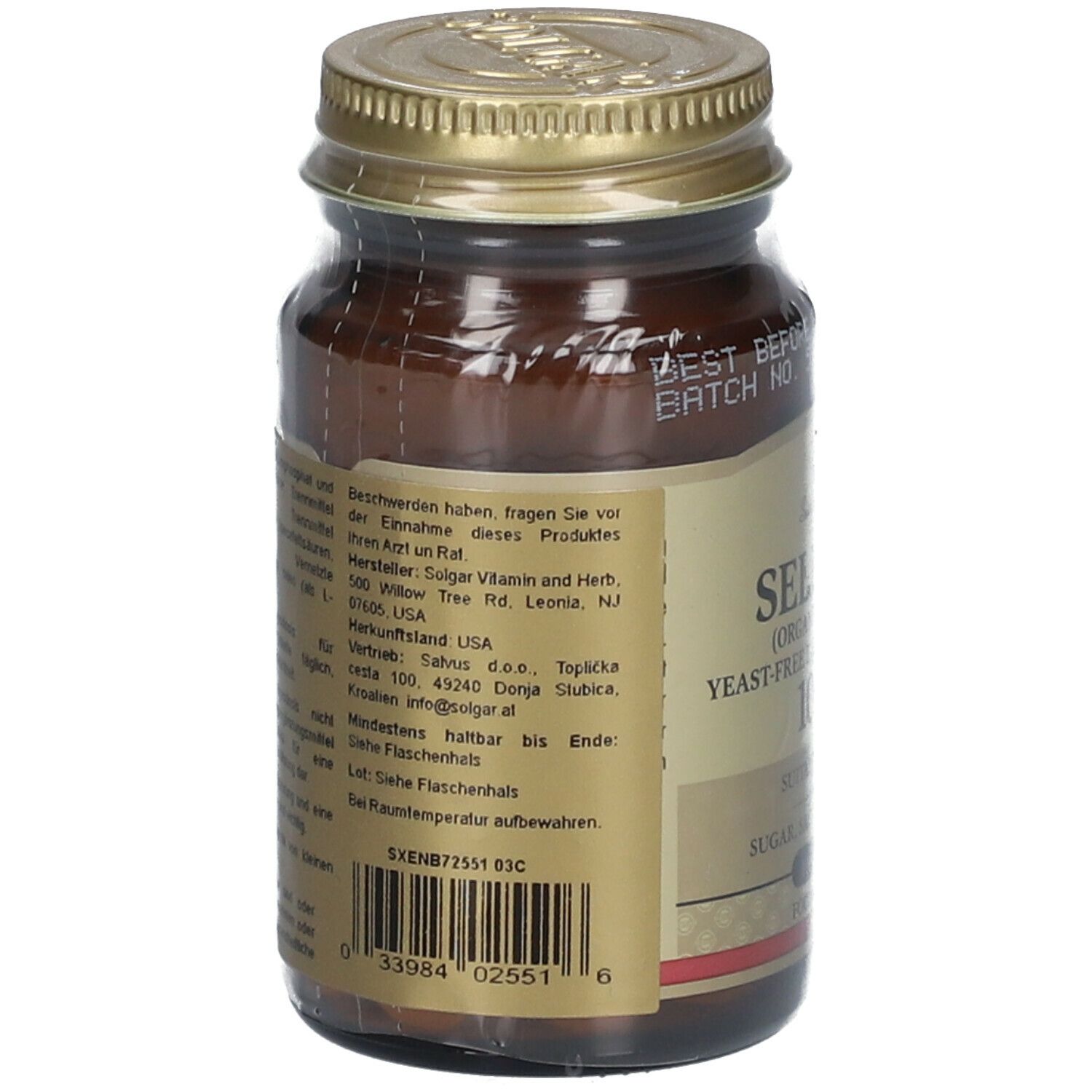 Rückseite einer braunen Glasflasche mit goldfarbenem Deckel. Etikett mit Produktinformationen und Barcode. Hersteller: Solgar.