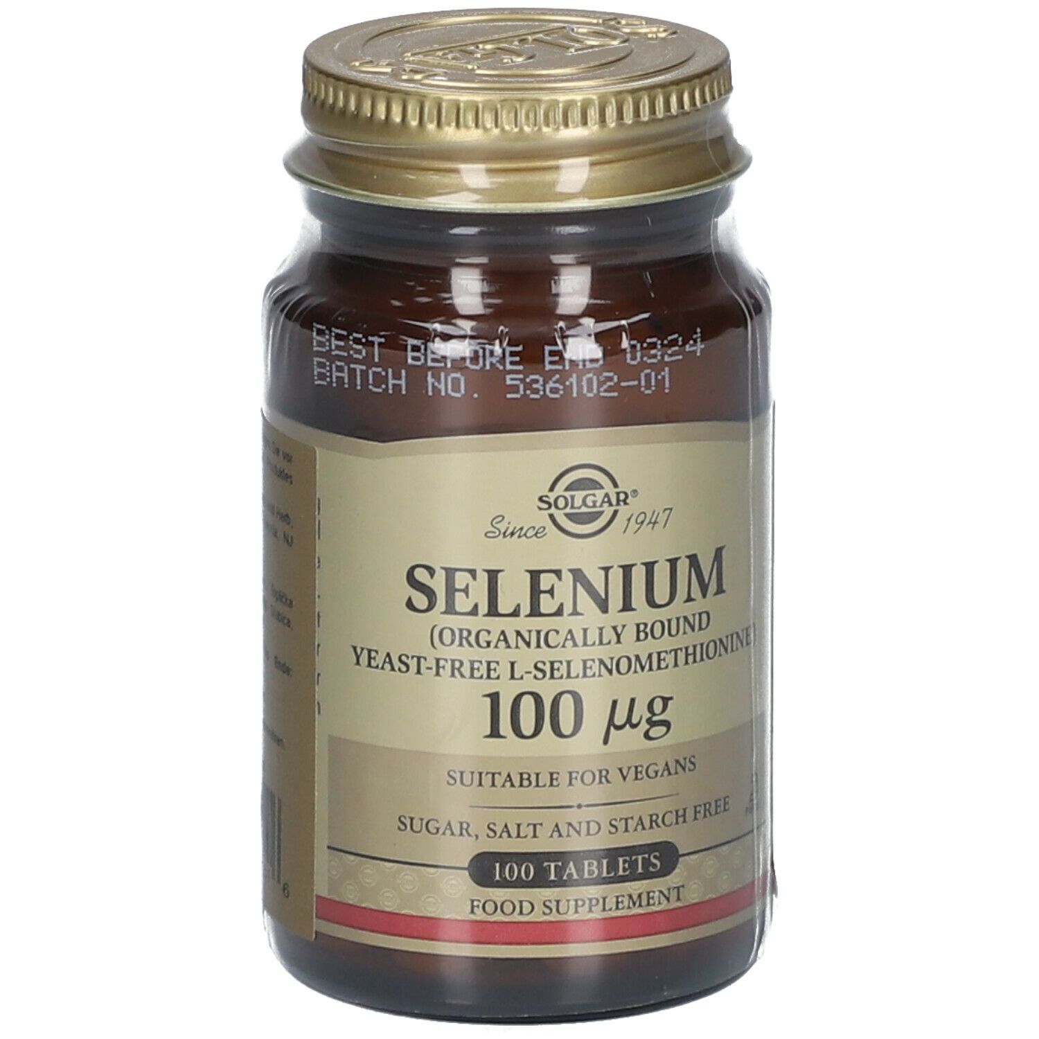 Braune Glasflasche mit goldfarbenem Deckel. Etikett mit "Solgar" und "Selenium 100 mcg". 100 Tabletten. Geeignet für Veganer.