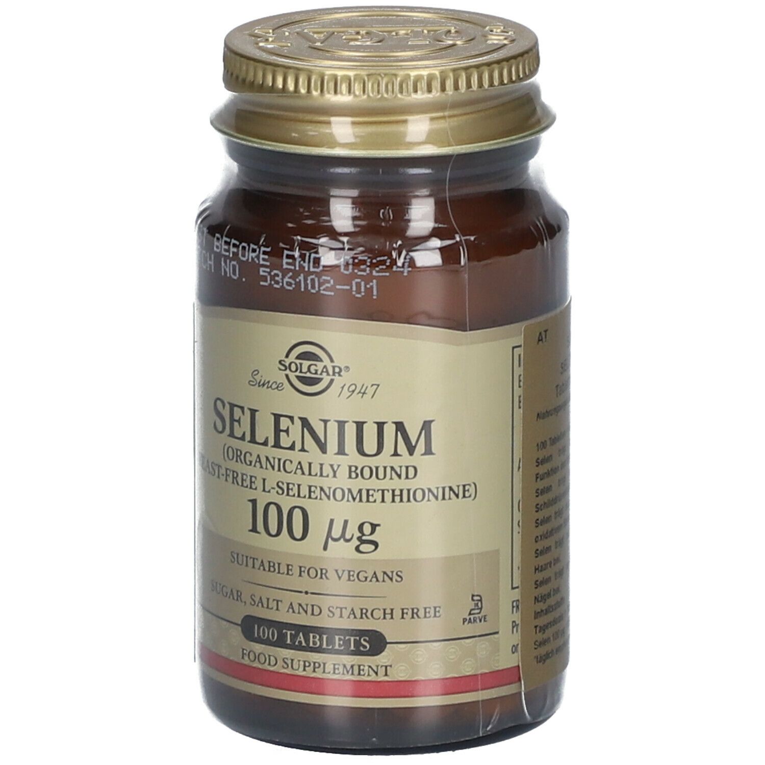 Braune Glasflasche mit goldfarbenem Deckel. Etikett mit "Solgar" und "Selenium 100 mcg". 100 Tabletten. Geeignet für Veganer.