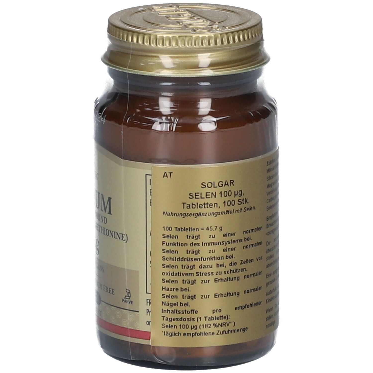 Rückseite einer braunen Glasflasche mit goldfarbenem Deckel. Etikett mit Produktinformationen und Barcode. Hersteller: Solgar.
