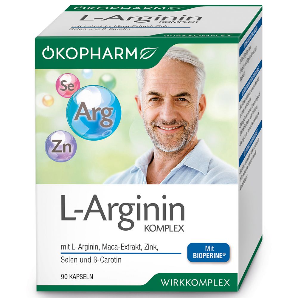 Schachtel mit ÖKOPHARM44® L-Arginin Komplex. Enthält 90 Kapseln. Aufdruck mit Mann, Arg, Zn, Se.