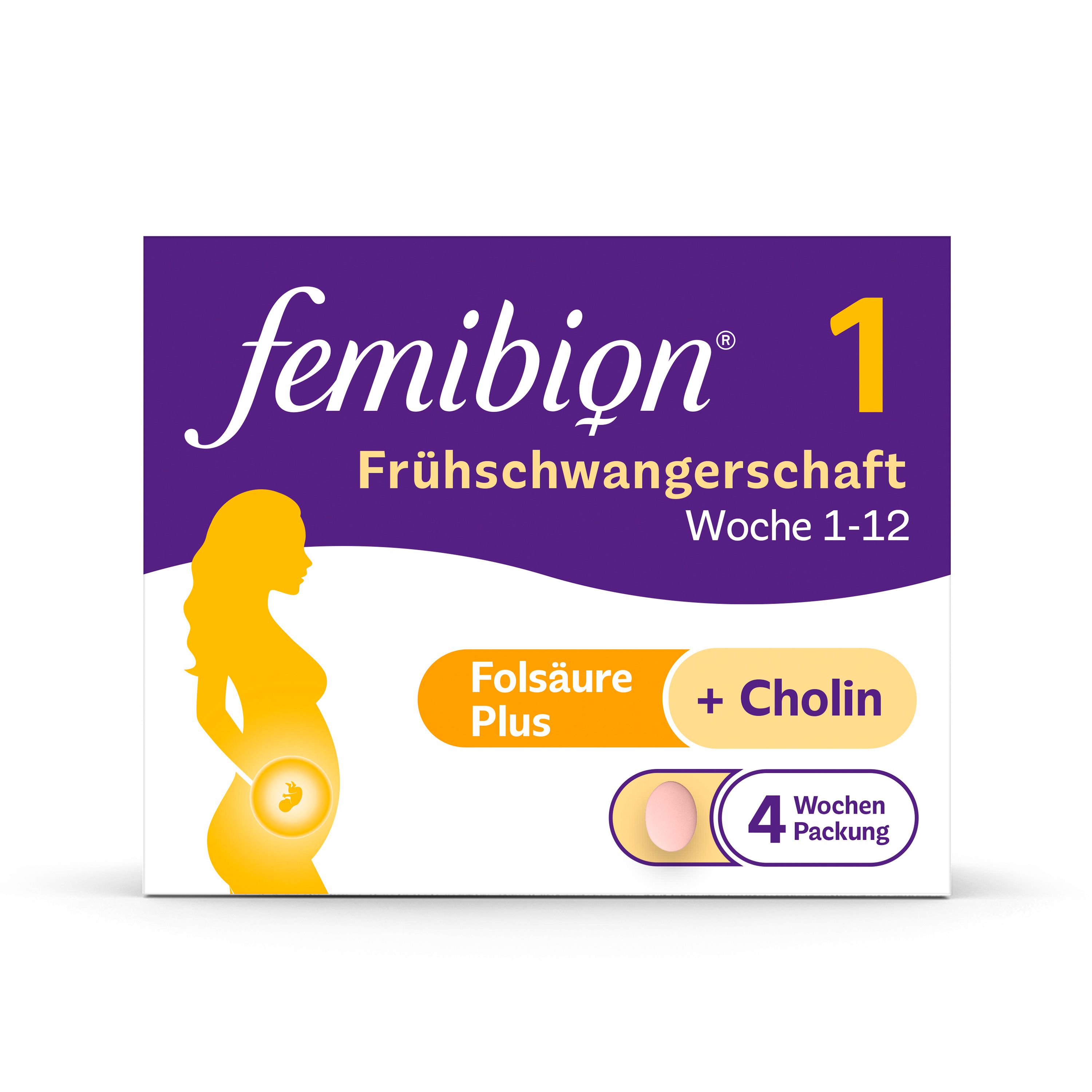 Femibion 1, Packung. Lila-weiß Verpackung mit Produktinformationen und Schwangerschaftsgrafik.