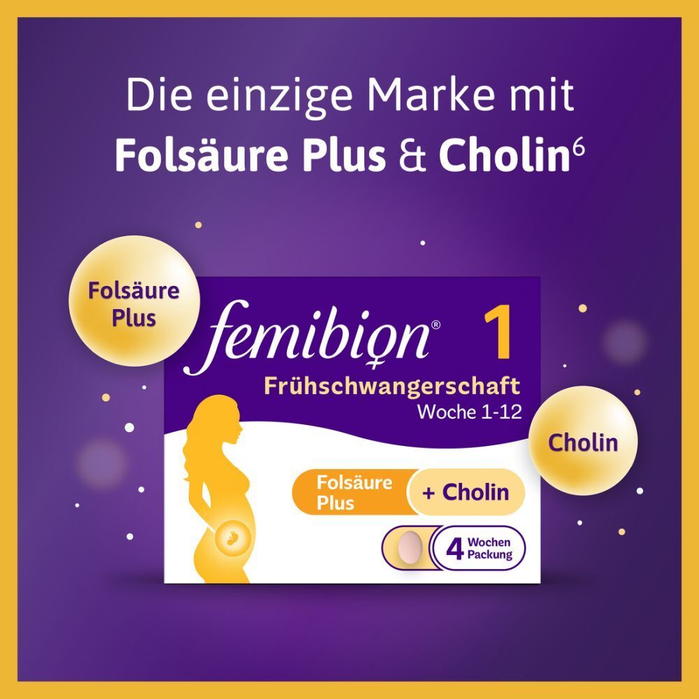 Werbung für Femibion 1. Produktverpackung, gelbe Kreise mit Text, lila Hintergrund.