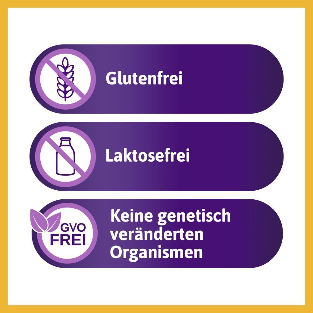 Glutenfrei, laktosefrei, GVO-frei. Symbole auf lila Hintergrund.