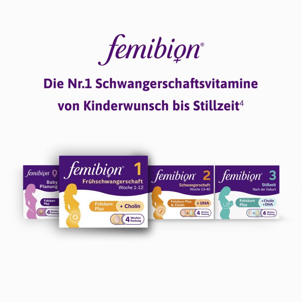 Femibion-Produktreihe. Vier Produktverpackungen nebeneinander.